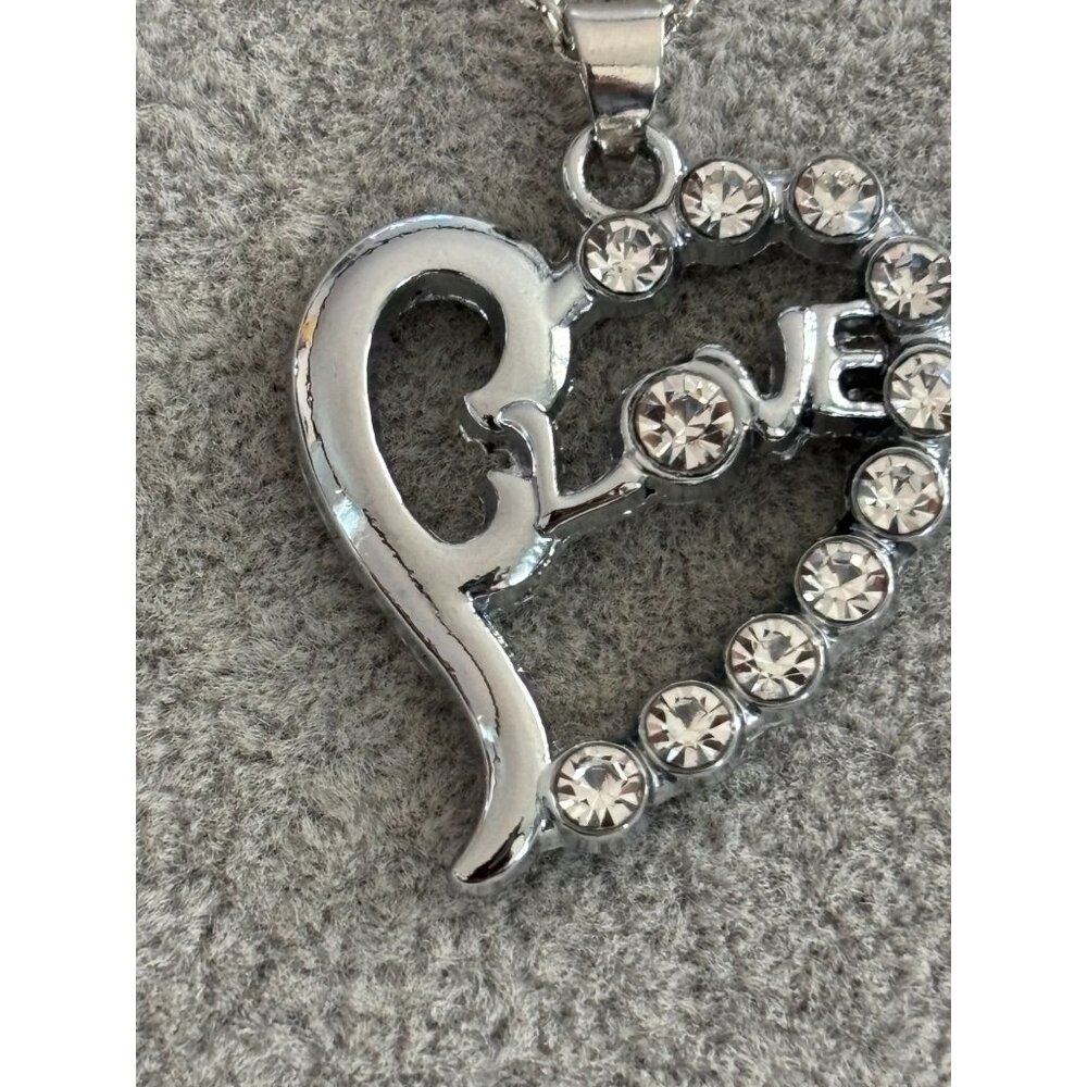 Heart-Shaped Love Pendant Necklace With Rhinestone Accents & Silver Chain Jewelr